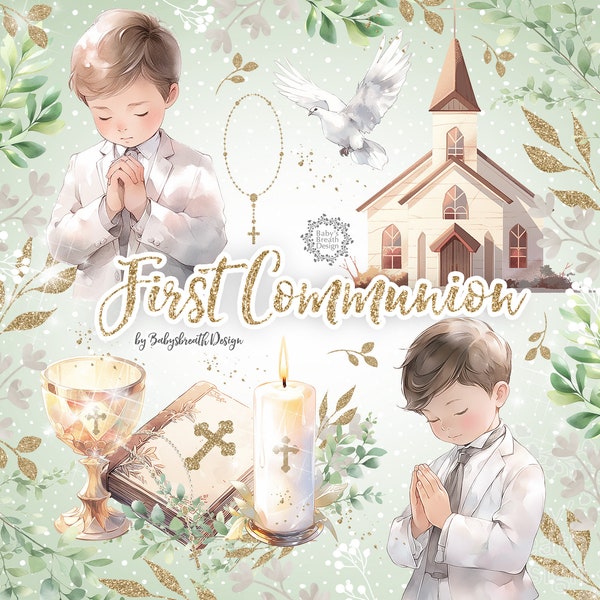 Watercolor First Communion Clipart, Watercolor Clipart First Communion for Boys, religion, floral, Bible, Rosary, Cross, Dove