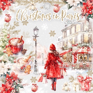Christmas in Paris digital design, Xmas clipart, Christmas clipart, holiday clipart, christmas tree clipart, poinsettia, hot cocoa, red