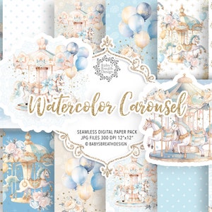 May include: A set of digital papers with watercolour carousel designs in pastel blue, cream, and gold. The designs include carousel horses, balloons, and floral details. The text "Watercolor Carousel" is in gold glitter.