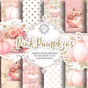 Watercolor Pink Pumpkin Tea digital paper pack, Thanksgiving pattern, pumpkin digital paper, flower, floral, autumn, fall, thanksgiving