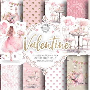 Paquete de papel digital Acuarela Rosa San Valentín, patrón de San Valentín, patrón romántico, feliz día de San Valentín, estado de ánimo de París, globo rosa, flor