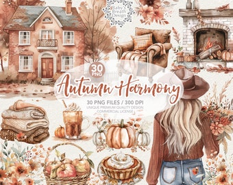May include: A collection of watercolour illustrations with an autumn theme. The image includes a house, armchair, fireplace, pumpkins, pie, apples, and a woman. The text "Autumn Harmony" is displayed. The colour palette is warm and inviting, evoking the season.