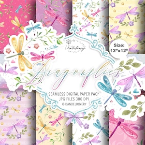 Dragonflies digital paper pack, Spring pattern, Flower digital paper, Flowers, heart, spring, floral, leaves, pink, color, dragon pattern