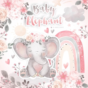 Puede incluir: Una ilustración de acuarela de un bebé elefante con una corona de flores, sentado frente a un arcoíris con colores rosa, melocotón y gris. El fondo presenta flores rosas y un sol.