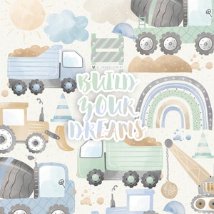 Aquarel bouwgraafmachines clipart, dumper, bulldozer, bouwvoertuigen, graafmachine cementwagen, gevarenhek, veiligheidshelm