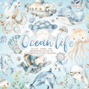 Aquarel Ocean Life cliparts, Under the Sea Clipart Bundle, Ocean Nursery, nautische clipart, zeedieren, walvis, schildpad, haai, dolfijn