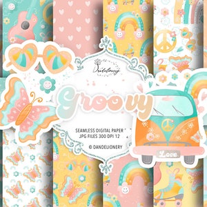 May include: A set of 12 digital papers featuring a groovy 70s theme with illustrations of butterflies, rainbows, peace signs, smiley faces, sunglasses, a guitar, a van, and roller skates. The papers are in a yellow, pink, blue, and green color scheme.