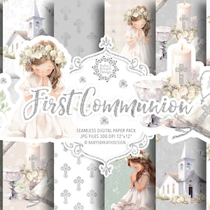 Aquarell Erstkommunion digitales Papier Pack, Aquarell Erstkommunion für Mädchen, Religion, floral, Bibel, Rosenkranz, Kreuz, Taube, Muster