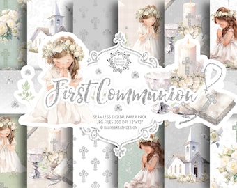 May include: Digital paper pack with a white background and silver glitter accents. The pack includes images of a girl in a white dress praying, a church, a candle, a chalice, a bible, and a cross. The text "First Communion" is written in silver glitter.