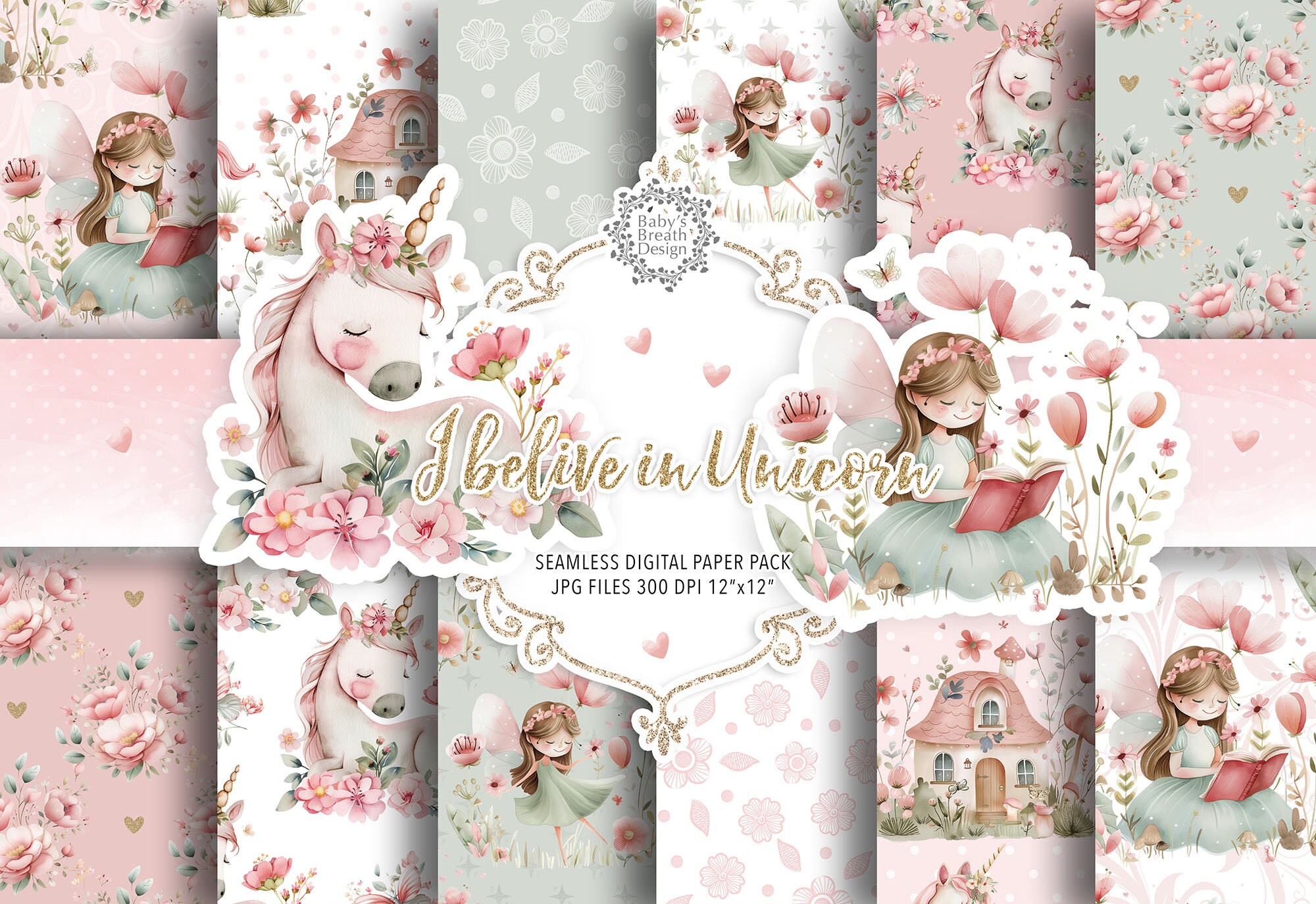 Watercolor Fairy Tale digital paper pack, Fairy pattern, romantic paper, swing, flower, fairy tale digital paper, baby girl, cute girl