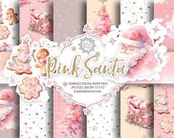 Pink Christmas digital paper pack, Xmas pattern, Cute Christmas paper, holiday digital paper, Santa Claus pattern, christmas tree