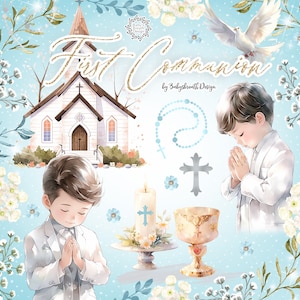 Clipart de Primera Comunión en Acuarela, Clipart de Primera Comunión en Acuarela para Niños, religión, floral, Biblia, Rosario, Cruz, Paloma