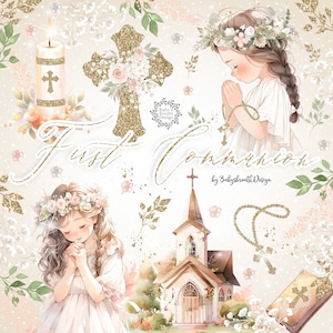 Clipart acquerello prima comunione, Clipart acquerello prima comunione per ragazze, religione, floreale, Bibbia, rosario, croce, colomba