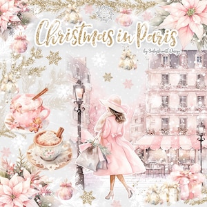 Kerstmis in Parijs Roze digitaal ontwerp, Kerst clipart, Kerst clipart, vakantie clipart, kerstboom clipart, poinsettia, warme chocolademelk