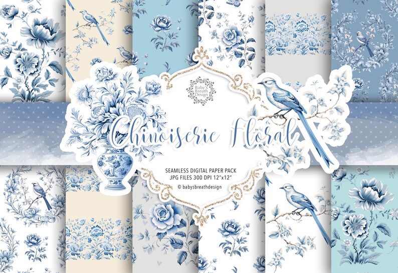 Chinoiserie Floral Digital Paper Pack, Chinoiserie Floral Pattern ...