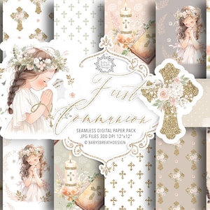 Confezione di carta digitale per la prima comunione dell'acquerello, prima comunione dell'acquerello per ragazze, religione, floreale, Bibbia, rosario, croce, colomba, modello