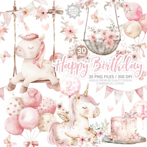 Watercolor Unicorn Birthday clipart set, Fairy clipart, romantic clipart, balloon number, flower, fairy tale, baby girl, girl clipart