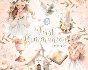 Watercolor First Communion Clipart, Watercolor Clipart First Communion for Girls, religion, floral, Bible, Rosary, Cross, Primera comunion