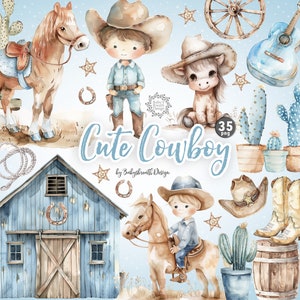 Aquarell niedlichen Cowboy Clipart, Baby Cowboy PNG Bündel, Wilder Westen Clipart, Baby Western Clipart, Wüste Clipart, Saloon, Kaktus PNG
