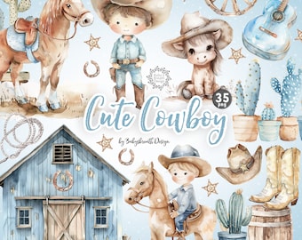 May include: A set of 35 watercolor illustrations featuring a cute cowboy theme. The set includes a cowboy hat, a horse, a barn, cacti, a guitar, and other western-themed elements. The illustrations are perfect for creating invitations, cards, and other crafts.