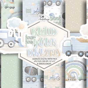Watercolor Construction Diggers digital paper pack, Dump Truck, Bulldozer, Construction Vehicles, Excavator Cement Truck, Hazard Fence