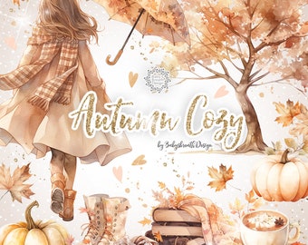 May include: A watercolor illustration of autumn elements, including a girl in a beige coat, a pumpkin, a cup of hot cocoa, books, and a fall-colored tree. The text "Autumn Cozy" is written in gold glitter.