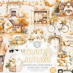May include: Watercolor clipart bundle with a country autumn theme. The image features pumpkins, houses, a bicycle, and a woman with a basket. The text "COUNTRY AUTUMN" is displayed in the image.