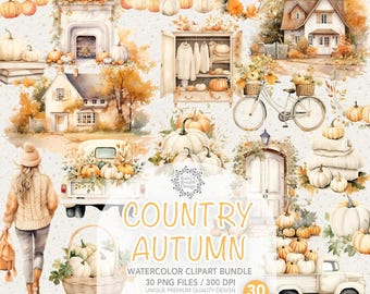Puede incluir: Paquete de imágenes prediseñadas de acuarela con un tema de otoño campestre. La imagen presenta calabazas, casas, una bicicleta y una mujer con una cesta. El texto "COUNTRY AUTUMN" se muestra en la imagen.