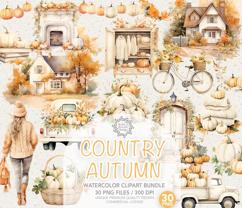 May include: Watercolor clipart bundle with a country autumn theme. The image features pumpkins, houses, a bicycle, and a woman with a basket. The text "COUNTRY AUTUMN" is displayed in the image.
