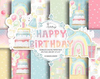 Pacote de papel digital de biscoito de feliz aniversário em aquarela, padrão de aniversário em aquarela, festa, aniversário de crianças, padrão de balão, bolo de aniversário