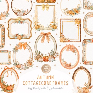 Puede incluir: Una colección de marcos digitales con ilustraciones en acuarela de calabazas, hojas de otoño y lazos decorativos. Los marcos varían en forma, incluyendo estilos ovalados, rectangulares y ornamentados, con paletas de colores naranja, marrón y crema.