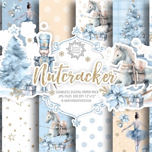 Nutcracker Christmas light blue digital paper pack, pattern, Cute Christmas, ballet digital paper, Holiday pattern, christmas tree paper