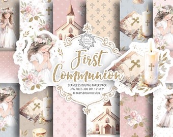 Watercolor First Communion digital paper pack, Watercolor First Communion for Girls, religion, floral, Bible, Rosary, Cross, Dove, pattern