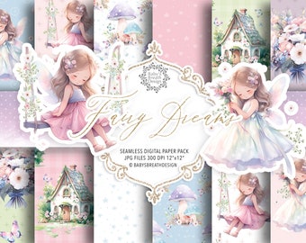 May include: A digital paper pack titled "Fairy Dreams" with watercolour illustrations of fairies, flowers, mushrooms, and fairy houses. The colour palette includes soft pinks, blues, and greens. The pack includes JPG files, 30.48cm x 30.48cm in size.