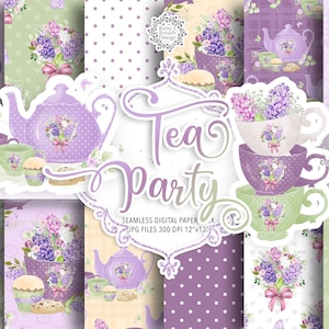 May include: A set of 12 digital papers featuring a tea party theme with purple and green teacups, teapot, and floral designs. The papers are 12 inches by 12 inches and 300 DPI.