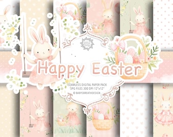 Watercolor Happy Easter digital paper pack, spring pattern, romantic pattern, easter eggs, easter bunny, pink flower, flower basket