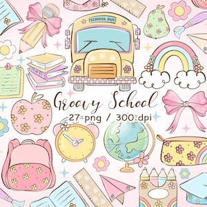 Groovy Schule png Clipart Retro zurück in die Schule Groovy Lehrer Bildung Clipart Schulbus Bücher Apple Bleistift Zubehör Sublimation png