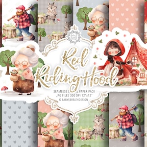 Watercolor Little Red Riding Hood watercolor digital paper pack, Woodland animals watercolor, animals graphics, Red Riding Hood pattern