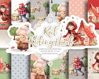 May include: A digital paper pack with 12 seamless patterns featuring illustrations of Little Red Riding Hood, a wolf, a woodcutter, and a grandmother. The patterns are in a watercolour style and include red, green, blue, and white colours. The text "Real Riding Hood" is in gold glitter letters.
