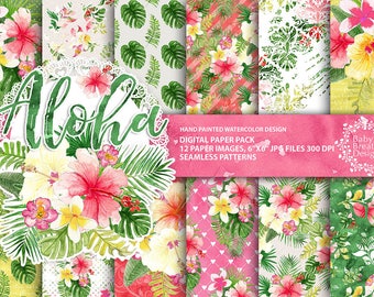 Aloha Tropical Digital Paper Pack, Watercolor Tropical, Seamless, Patterns, Palm Repeatable Instant Download