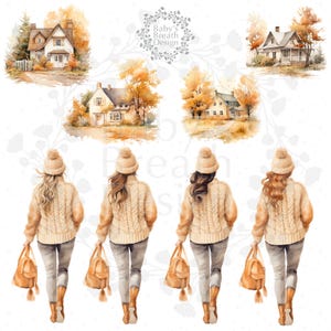 May include: Watercolor illustration featuring four women in beige sweaters, beanies, and gray jeans, carrying tan bags and boots. The image includes watercolor paintings of houses surrounded by autumn foliage. The text "Baby's Breath Design" is also present.