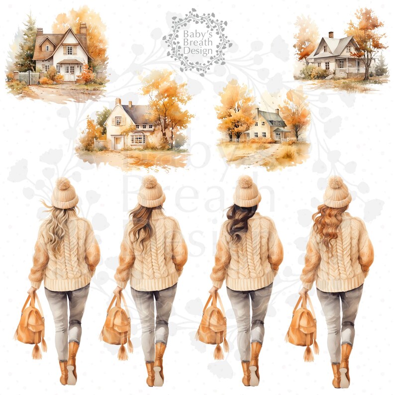 May include: Watercolor illustration featuring four women in beige sweaters, beanies, and gray jeans, carrying tan bags and boots. The image includes watercolor paintings of houses surrounded by autumn foliage. The text "Baby's Breath Design" is also present.