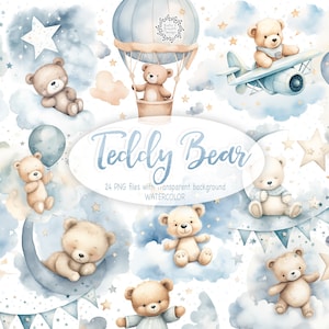Blauwe teddybeer clipart, slaperige teddyberen, baby beer png, schattige aquarel teddybeer bundel, jongen baby shower clipart, jongen verjaardag clipart