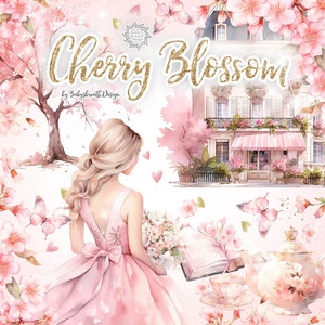 Design digital aquarela Cherry Blossom, clipart de primavera, clipart romântico, flor de cerejeira, clima de Paris, flor rosa, flor