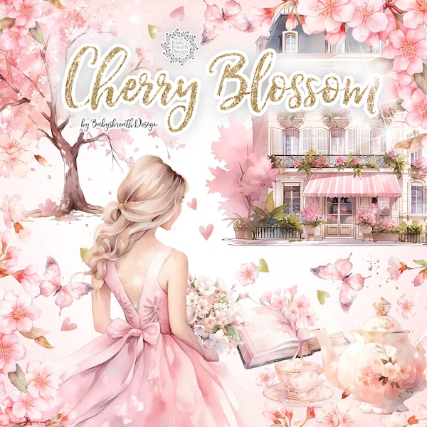 Watercolor Cherry Blossom digital design, spring clipart, romantic clipart, cherry blossom, Paris mood, pink flower, flower