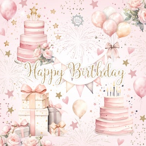 Aquarell Happy Birthday Cliparts, Cliparts, alles Gute zum Geburtstag Clipart, Feuerwerk, Geschenke, Geburtstagskuchen, Blumenstrauß, Ballon Clipart