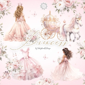 Op de afbeelding: Een digitale illustratieset met een prinses in een roze jurk, een koets getrokken door een wit eenhoorn, een roze jurk met een tule rok en een boeket roze bloemen. De tekst "Princess by Babysbreath Design" is in de afbeelding opgenomen.