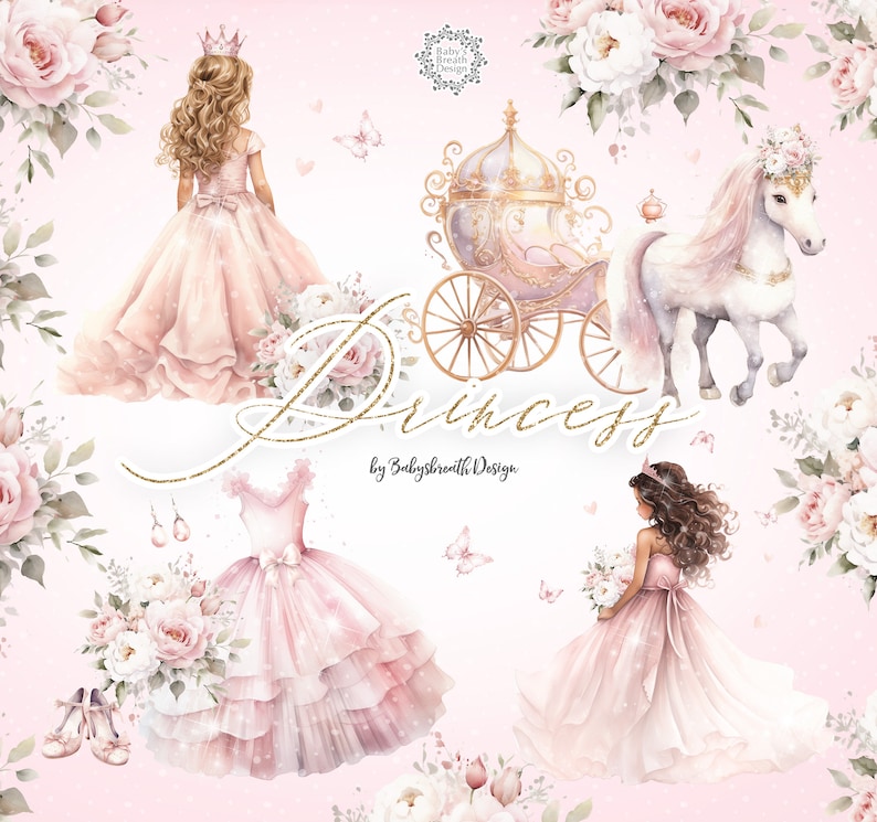 Op de afbeelding: Een digitale illustratieset met een prinses in een roze jurk, een koets getrokken door een wit eenhoorn, een roze jurk met een tule rok en een boeket roze bloemen. De tekst "Princess by Babysbreath Design" is in de afbeelding opgenomen.