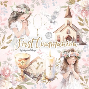 Aquarell Erstkommunion Clipart, Aquarell Clipart Erstkommunion für Mädchen, Religion, Blumen, Bibel, Rosenkranz, Kreuz, Taube