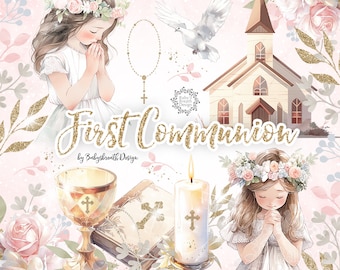 Watercolor First Communion Clipart, Watercolor Clipart First Communion for Girls, religion, floral, Bible, Rosary, Cross, Dove